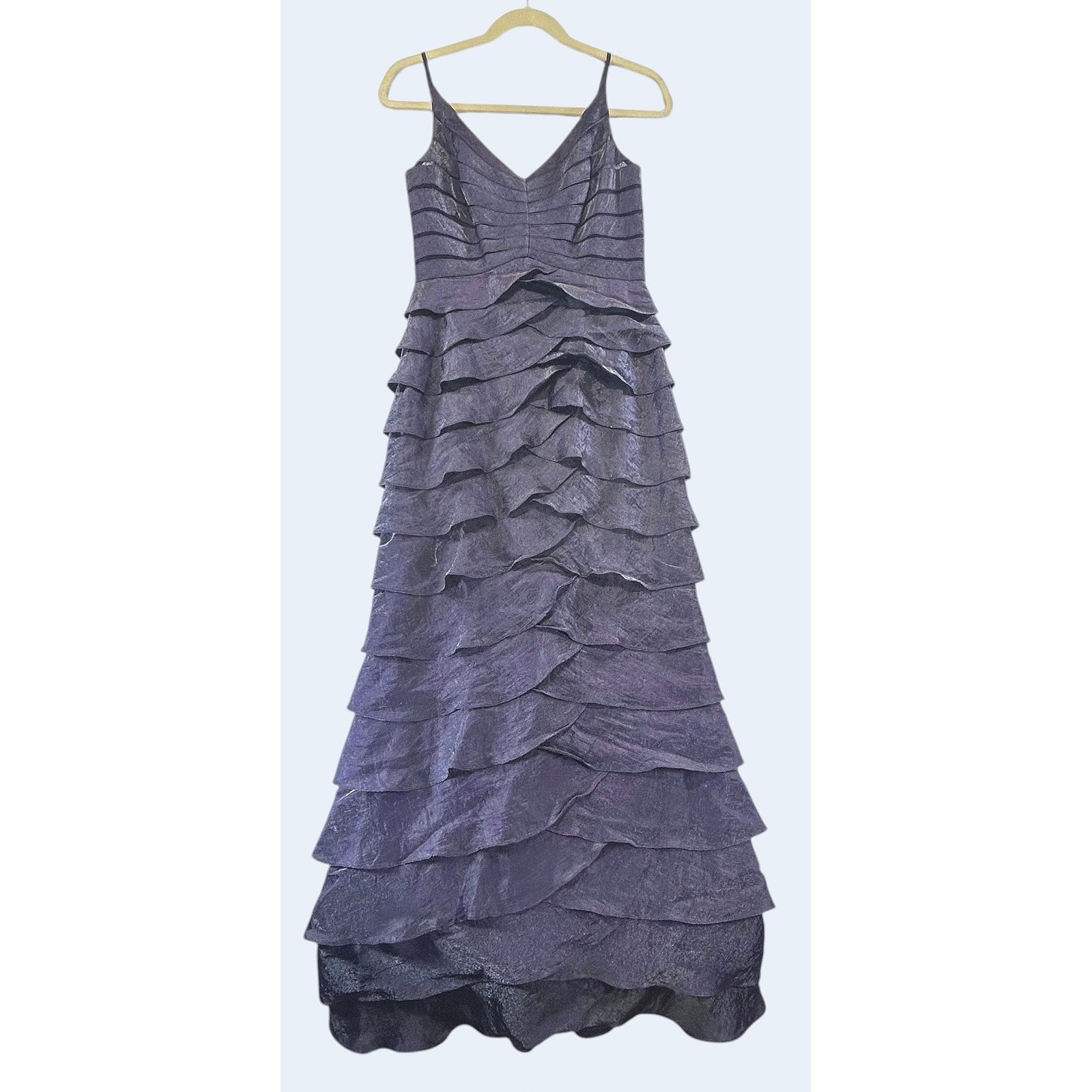 Adrianna Papell Metallic Tiered Maxi Gown 4 Purple Mermaidcore Formal Wedding